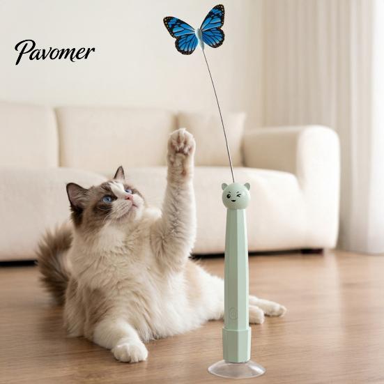 Electric Butterfly Cat Toy Wand, Rechargeable Interactive Wand Toy, 360 Spinning Self-Play Indoor Pet Enrichment Supplies with 2 Modes, Suction