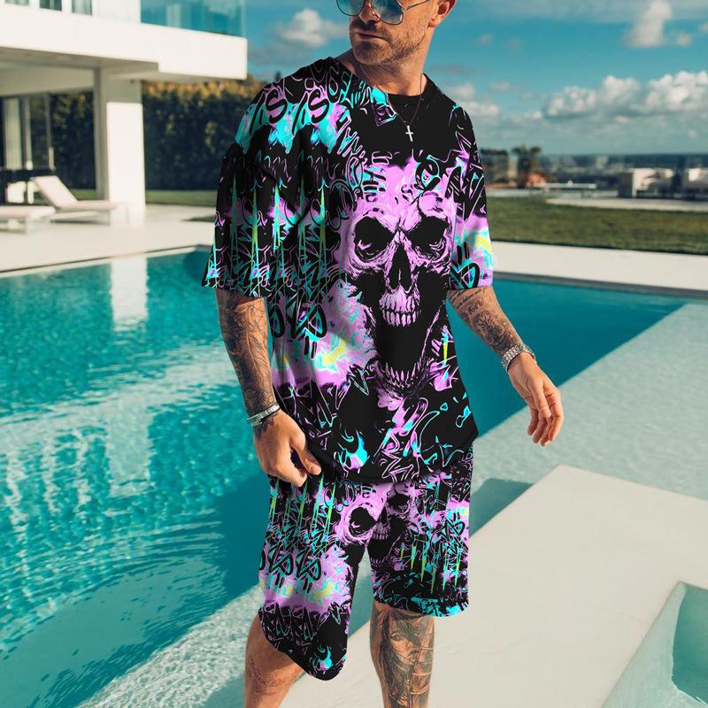 Men's Summer 3D Skull Leisure Set Fashionable Comfortable Loose Color Blocked Printed Sport Wear