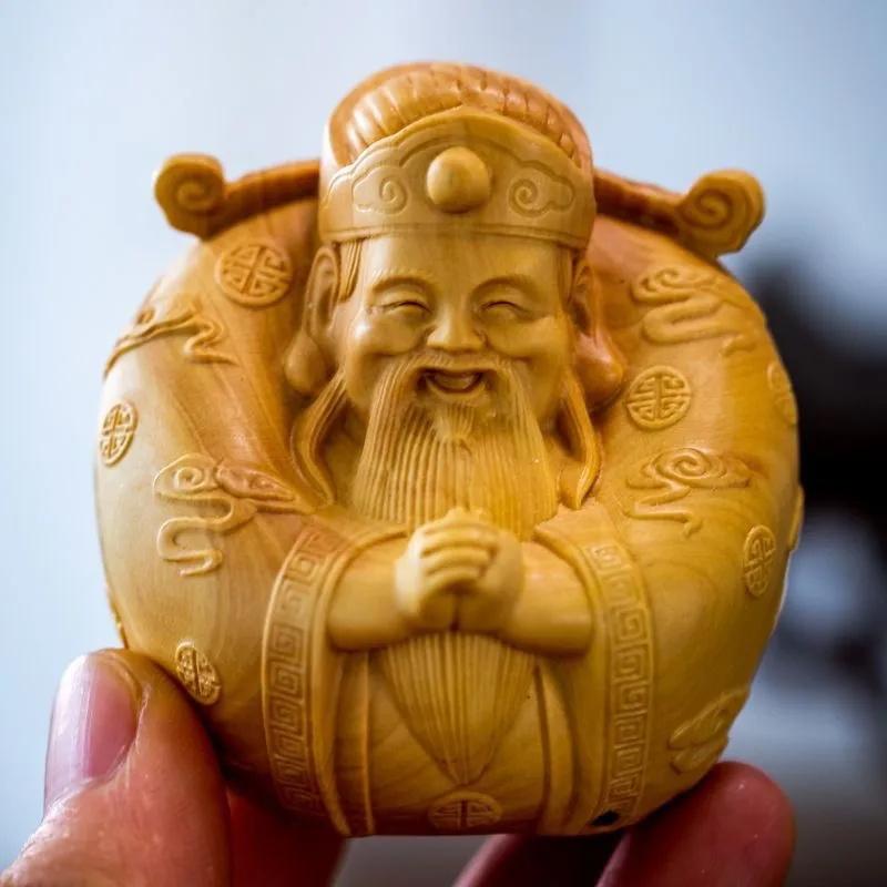 Natural Log Carving Characters God of Wealth Figurine , Chinese Characteristic Wood Carving Home Room Office  Feng Shui  Statue