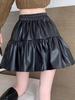 Spring Plus Size Coffee PU Leather High Waist Pleated A-line Skirt for Women