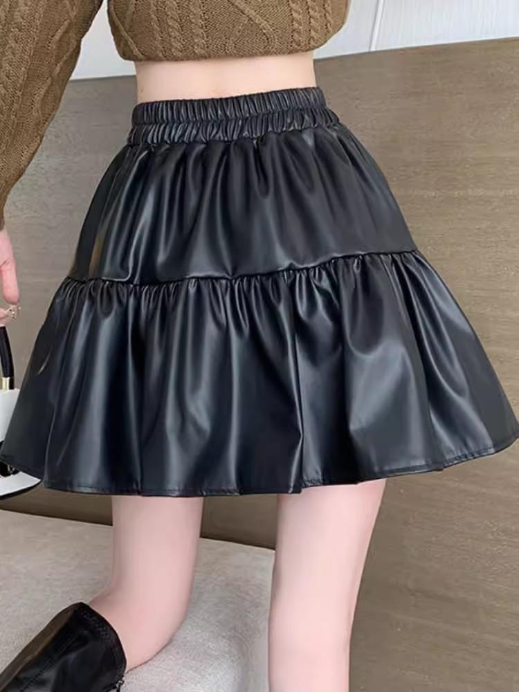 Spring Plus Size Coffee PU Leather High Waist Pleated A-line Skirt for Women
