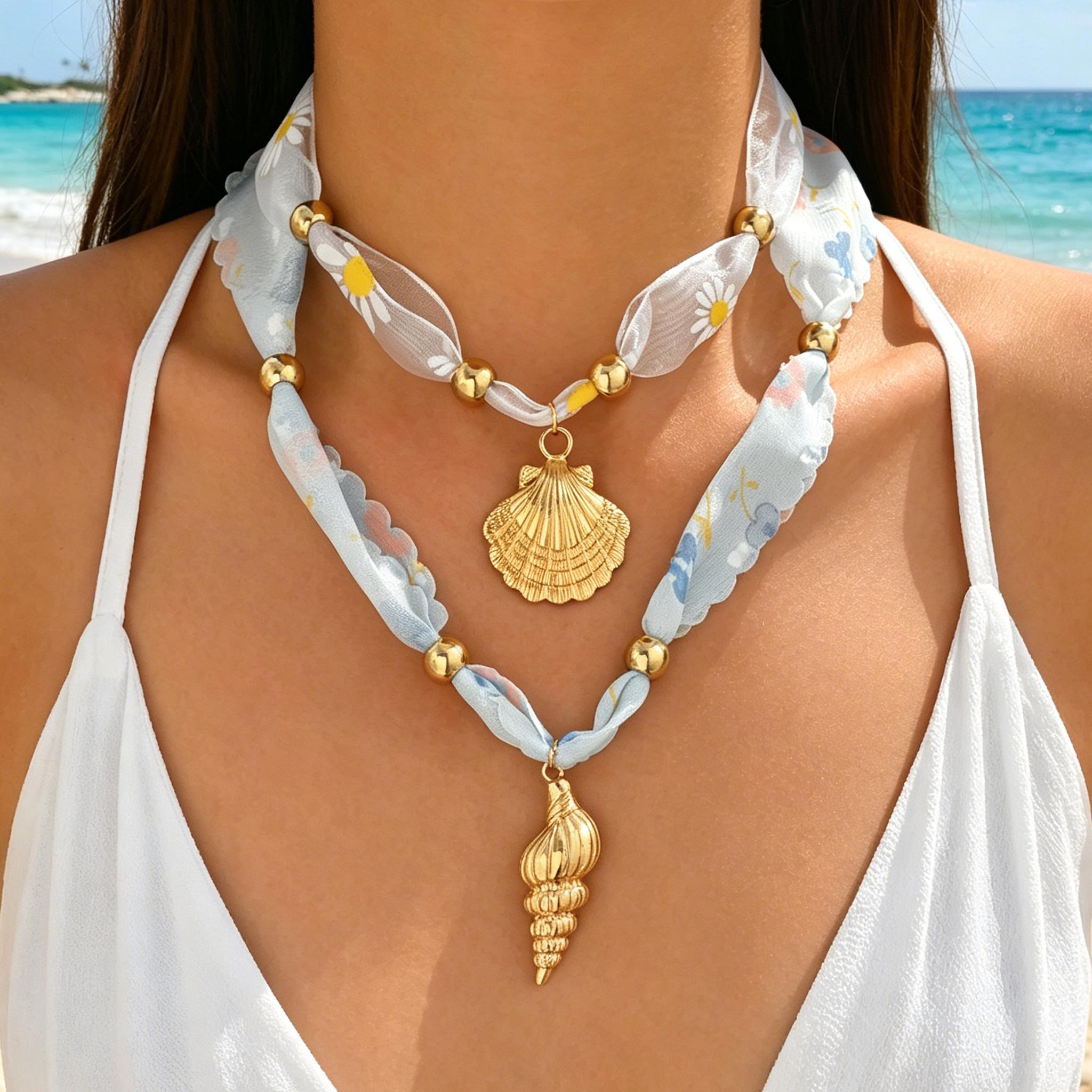 Floral Daisy Ribbon Choker Necklace 2PCS Layered Shell Conch Pendant Boho Summer Beach Vacation Jewelry