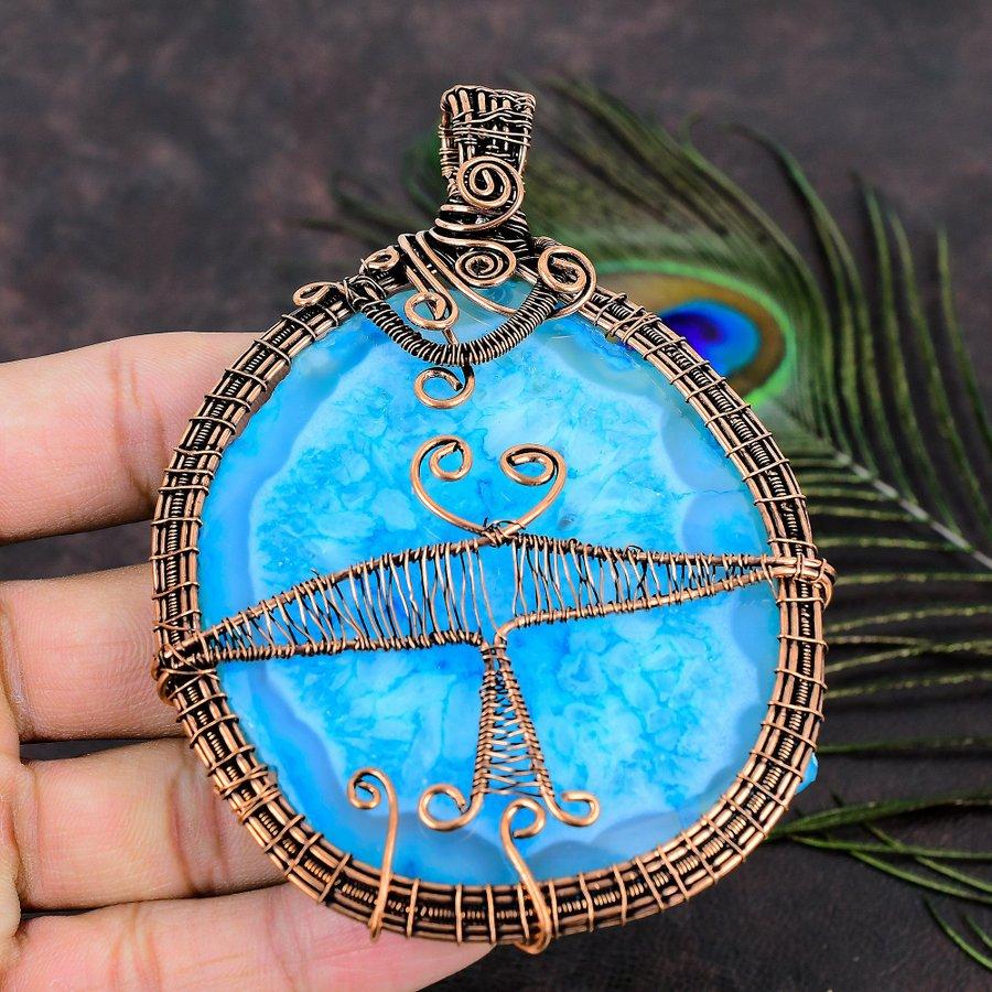 Aqua Solar Druzy Handmade Copper Wire Wrap Jewelry Pendant 4.33 Z7f89