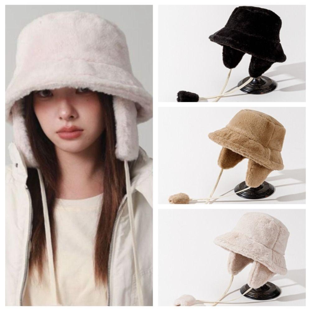 Solid Color Winter Fisherman Hat Anti-cold Plush Bucket Cap Ear Protection Cap  Outdoor