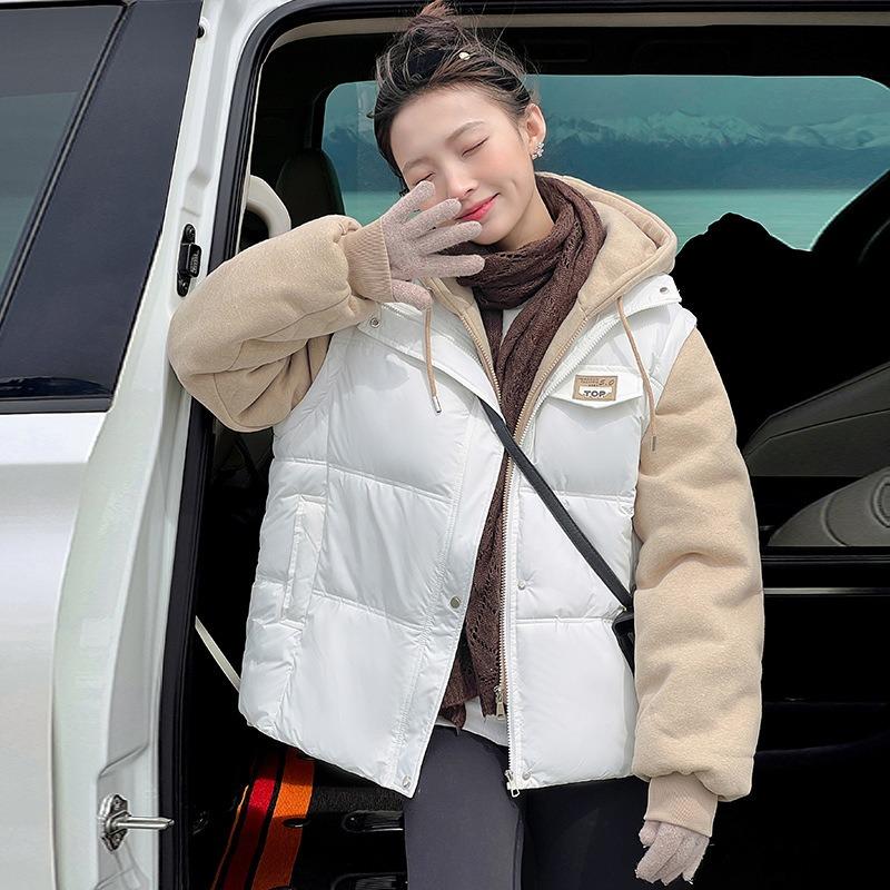 Thickened sweater cotton clothes women's autumn new fashion splicing fake two-piece coat loose and thin down cotton-padded clothes short
