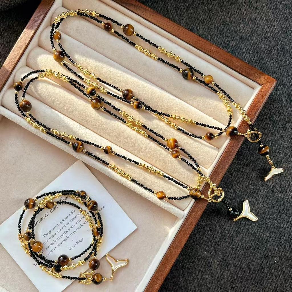 High-End Retro Natural Tiger'S Eye Stone Artificial Crystal Pearl Design Sense Collarbone Chain Necklace Sweater Chain