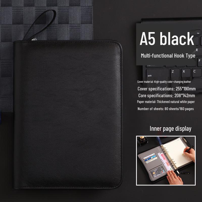 Customizable A5 PU Leather Notebook with Logo, Zipper Storage, and Loose-leaf Pages for Business Meetings