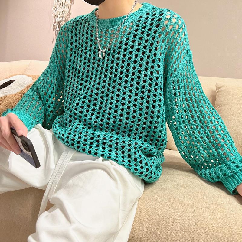 Men's Summer Knitwear: Trendy Long Sleeve Fishnet Cardigan for Sun Protection