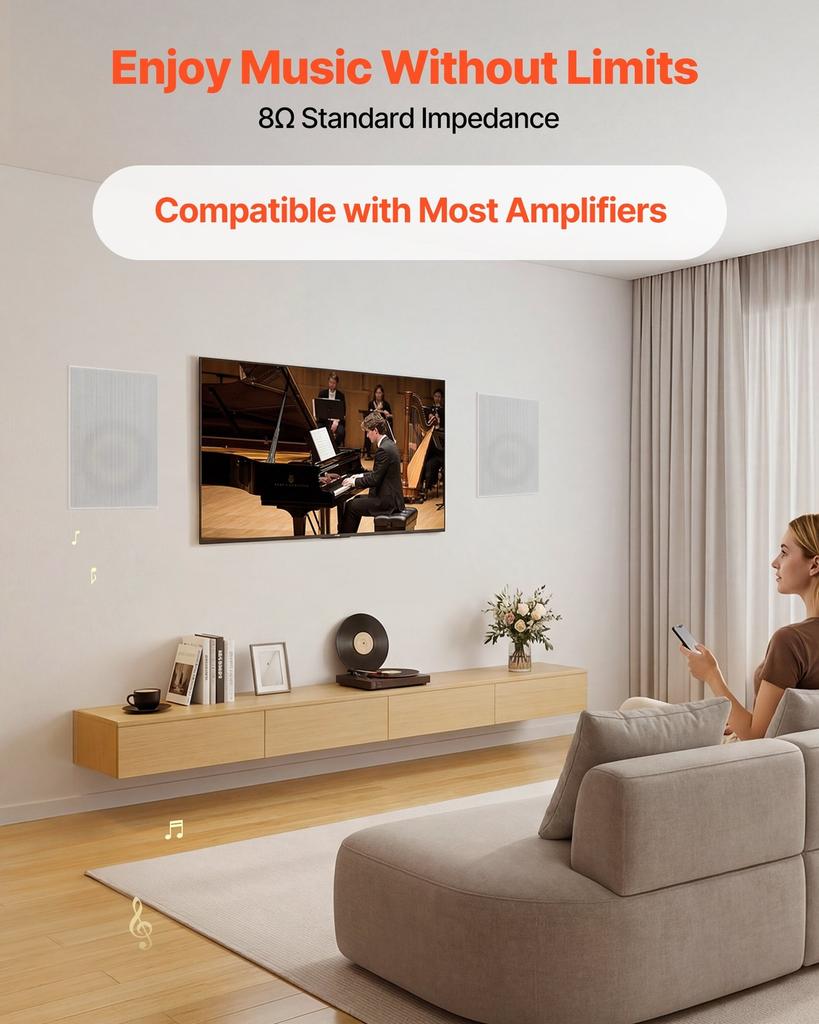 In-Wall Speakers, 203.2mm, In Wall Speaker System with Paintable Grille, Hi-Fi Sound, 200W Peak, 2-Way Rectangular Speakers, for Damp Humid Indoor