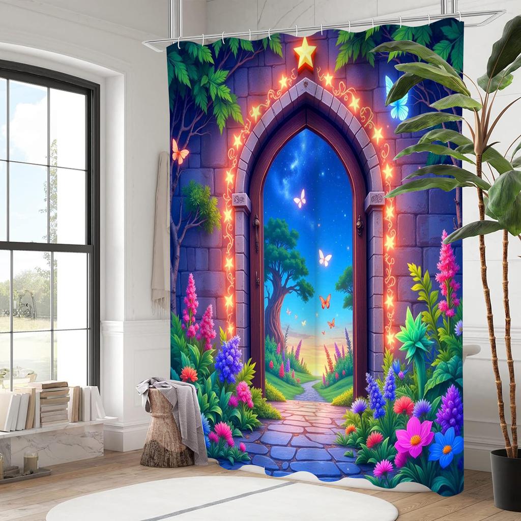 Floral Door Pattern Shower Curtain, Bathroom Shower Waterproof Curtain with 12 Hooks, Fish Shaped Home Decoration, Free Delivery