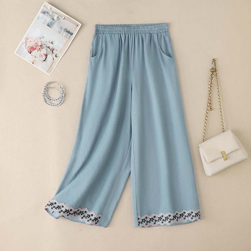 

ZANZEA Женские повседневные укороченные брюки свободного кроя с эластичной талией и кружевной отделкой L светло-синий