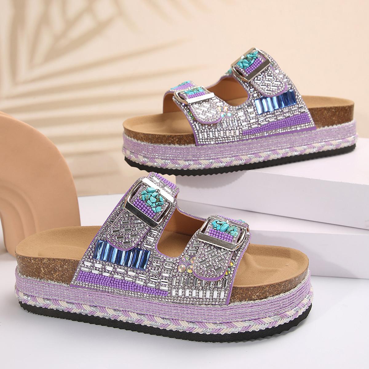 

Fashion Slip on Women Summer Footwear Thick Bottom Women s Fashion Slippers Rhinestone Beads Decor Beach Slippers Sandalias De Mujer 43 фиолетовый