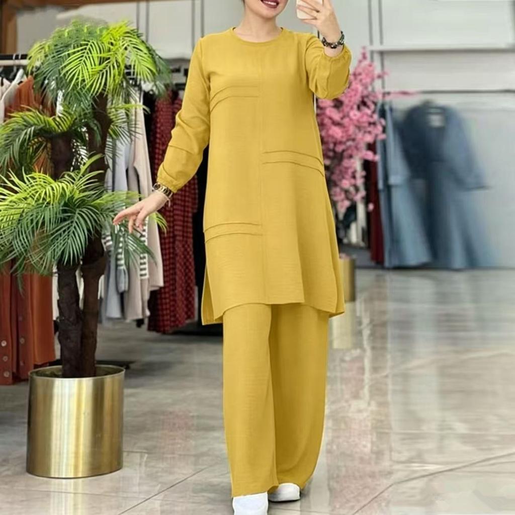 Damen Zweiteiliges Outfit Set Langarmbluse High Waist Weite Hosen Elegantes Lässiges Unifarbenes Lounge-Anzug für Frauen aus dem Nahen Osten