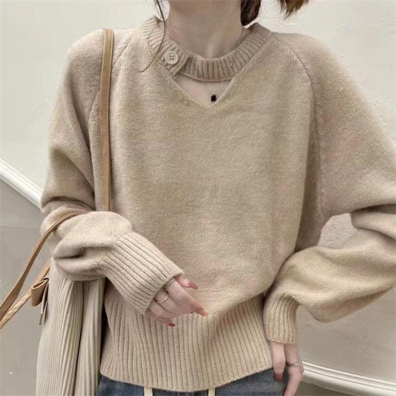 Solid Color Round Neck Knitted Sweater for Women Pullover Knitted Sweater Loose Top for Women