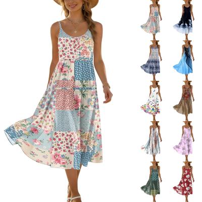 Women's Summer Fashion Printed Pocket Adjustable Shoulder Strap Bohemian Leisure Beach Resort Strap Dress