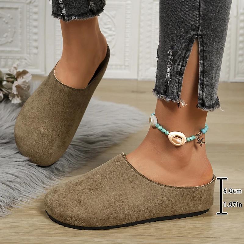 Fashion Spring Round Toe Cork Clogs Slippers for Women Outdoor Cork Footbed Flat Heels Mules Shoes Woman Plus Size Suede Slides Female