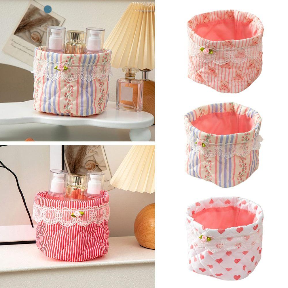 New Durable Quilting Cotton Desktop Storage Basket Lace Bowknot Decor Large-capacity Round Organizer Storage Container Home