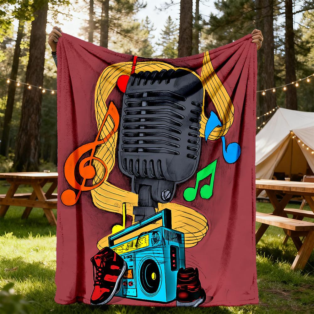 1pc Music Microphone Vibes Outdoor Blanket Lightweight Flannel, All-Season Use for Sofa, Bed, Travel, Camping, Living Room, Office001