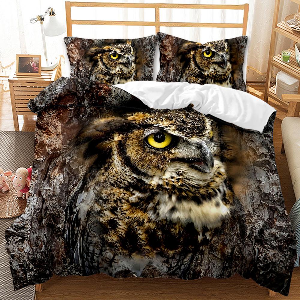 Cartoon Owl Child Duvet Cover Set,Mysterious Forest Retro Boho Design Bedding Set With 2 Pillow Shams, Queen/King/Full/Twin Size