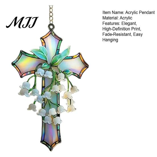 Floral Hanging Ornament Lily of The Valley Suncatcher, Acrylic Stained Glass Style Artistic Wall Decoration with Metal Chain, Elegant Window Religious