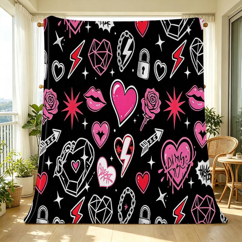 Thick Warm Single Flannel Throw Blanket Heart Design, Soft Cozy for Home, Guest Room, Perfect Valentine's Gift