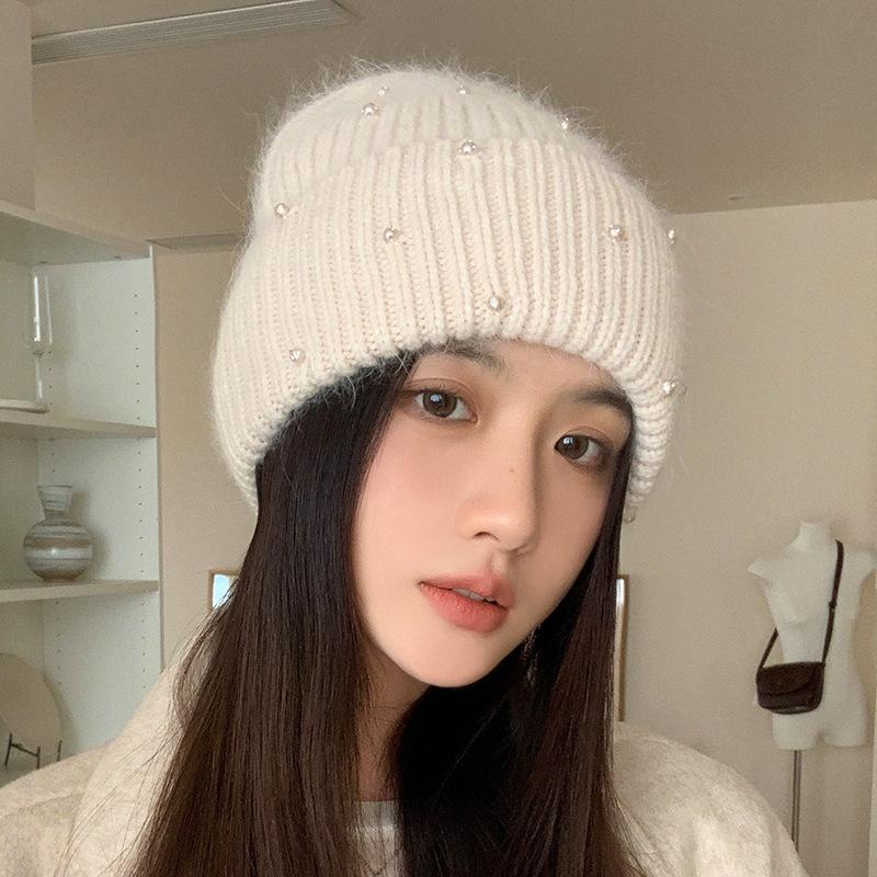 Neuer Perlen-Kaninchenhaar-Strickhut Damen Winter Outdoor Warm Mode Ohrenschützer Wollmütze