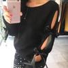 Women Bow Hollow Out Long Sleeve Warm Sweater Pullover Knitting Loose O-Neck Tops Blouse Knitwear