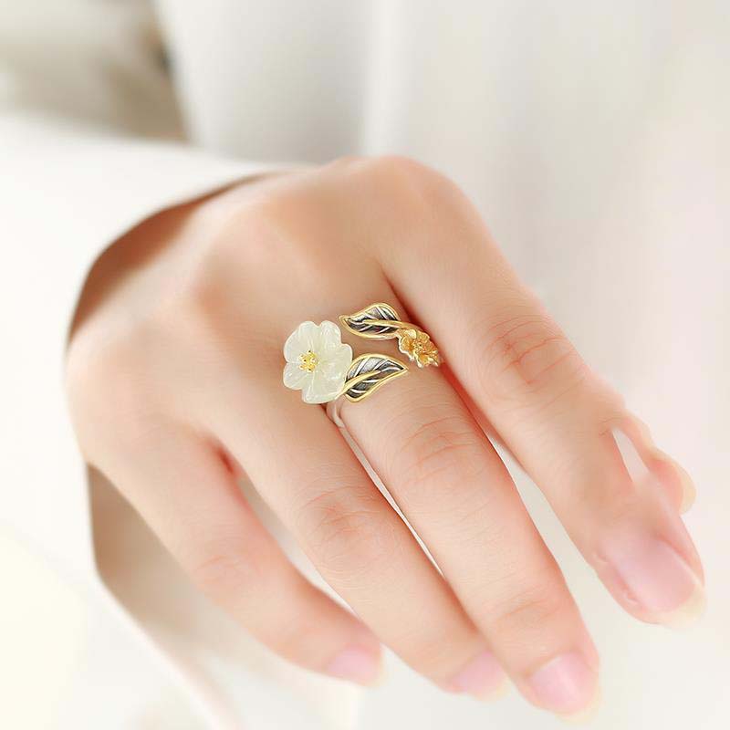 925 Sterling Silver Jewelry White Jade Plum Blossom Flower Finger Rings for Women Wedding Party Jewelry For Girls Friend Gift