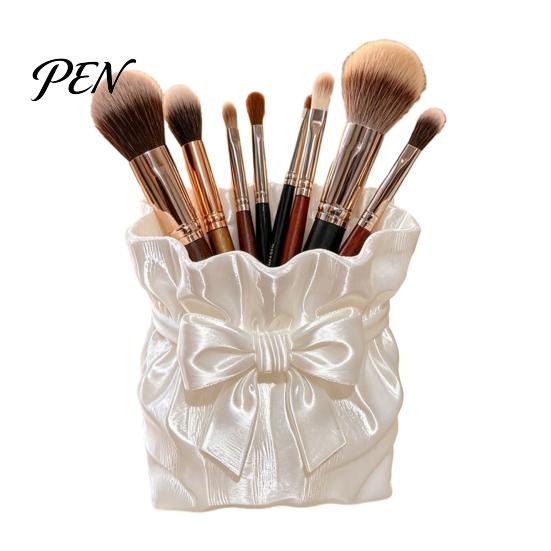 Powder Brush Holder Satin Bow Bag Makeup Holder, 3D Printed Beauty Tool Organizer for Desk, Large Bowknot Pouch Pencil Storage Container Capacity