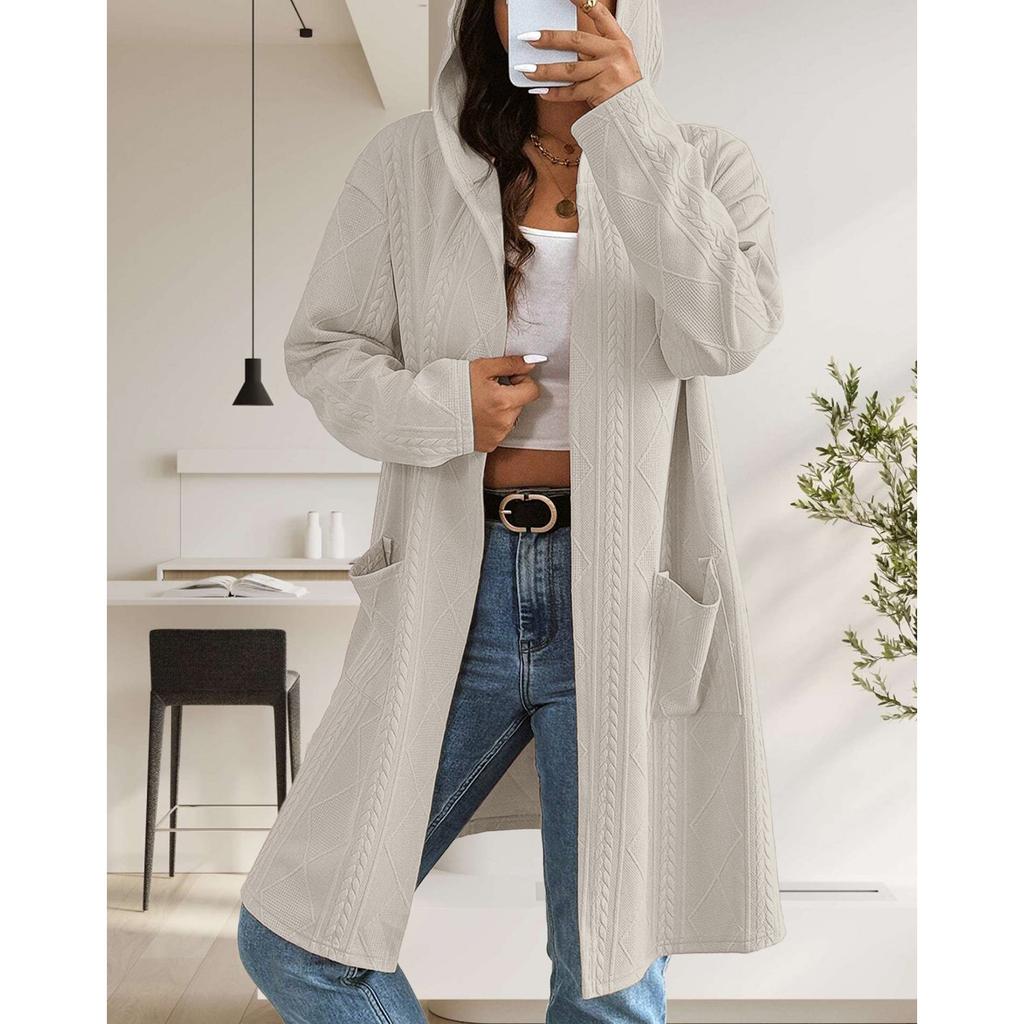 Dames Strandet Mønstret Hette Midilengde Trenchcoat Jakke Cardigan