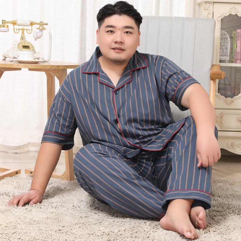 Mei Ji Yun Men's Cotton Lapel Pajama Set - Short Sleeve, Long Pants, Plus Size