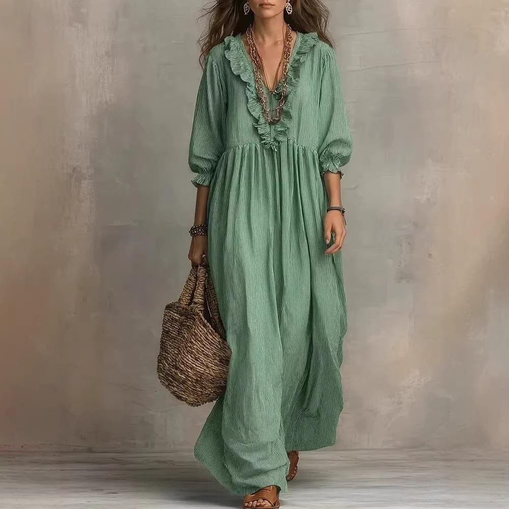 Women's V Neck Three Quarter Sleeve Maxi Dress Loose Fit High Waist Striped Dress With Ruffle Trim Boho Vacation Beach Dress