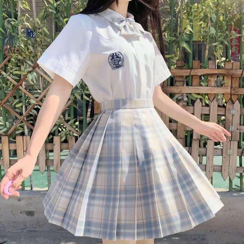 Gentle Blade Authentic JK Uniform: Plaid Pleated Skirt & College Style Short Shirt Set