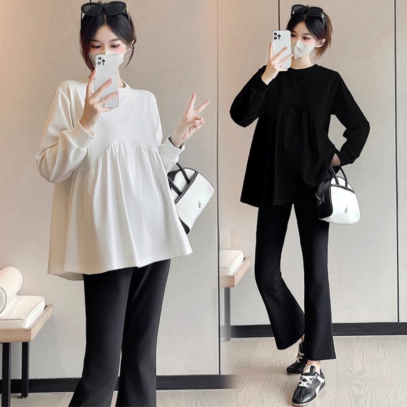 Korean Style Khaki Babydoll Maternity Sweatsuit with Micro Flared Pants for Spring/Autumn