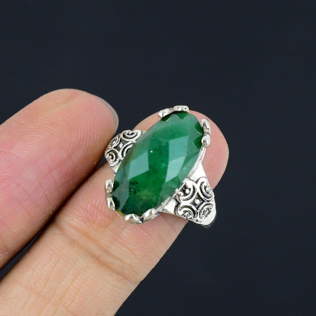 Natural Emerald Checkerboard Cut Gemstone 925 Sterling Silver Statement Ring For Women & Girls