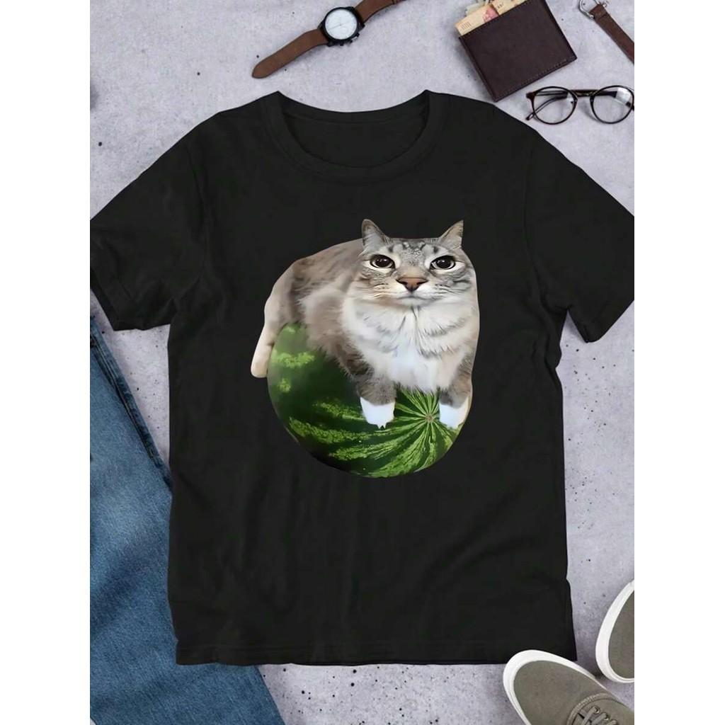 Noixe Funny Watermelon Cat Expression Graphic T-Shirt, Funny Watermelon Print Women s Tee S разноцветный