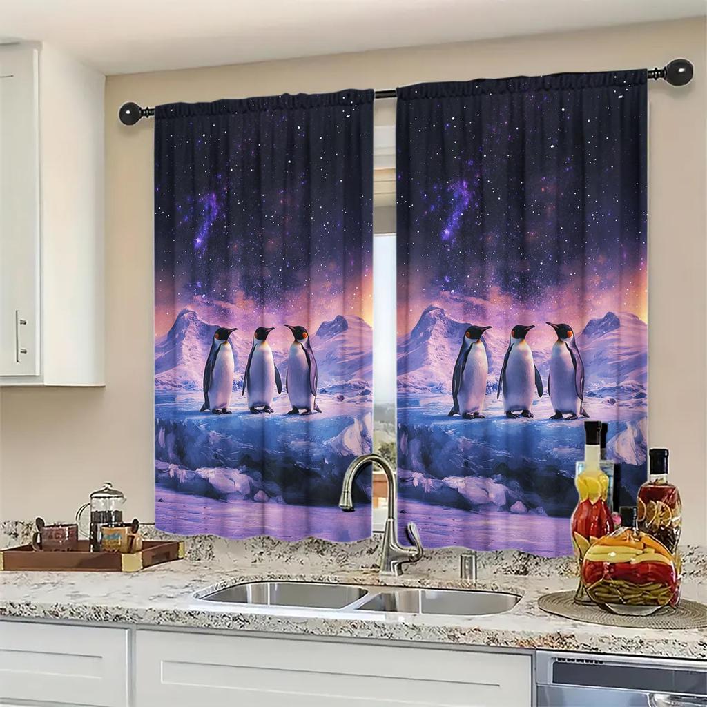 2 Panels Antarctic Glacier Penguin Decorative Curtains   Semi Transparent Without Lining   Durable Polyester Fiber Curtains