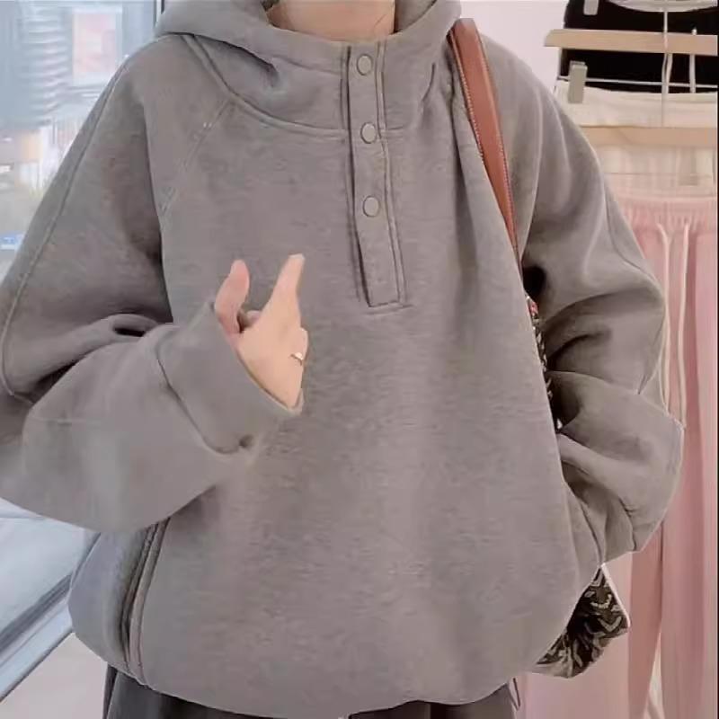 Women's Gray Fleece-Lined Hoodie - 2025 New Style, Autumn/Winter Casual, Loose Fit, Versatile Thick Outerwear