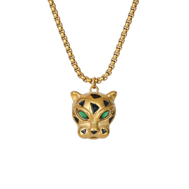 Collana con Ciondolo Testa di Leopardo in Acciaio Inossidabile e Oro 18K - Catena per Clavicola in Acciaio Titanio Versatile di Lusso Leggero