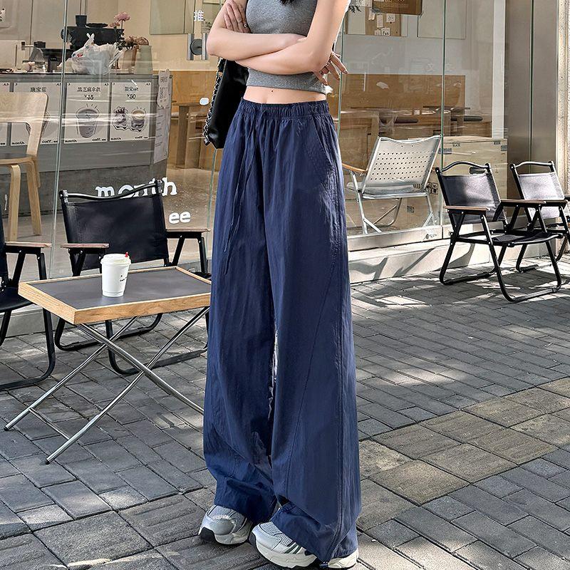 Women's Summer Thin American-Style Quick-Dry Navy Work Pants - Textured Loose Wide-Leg Sports Trousers