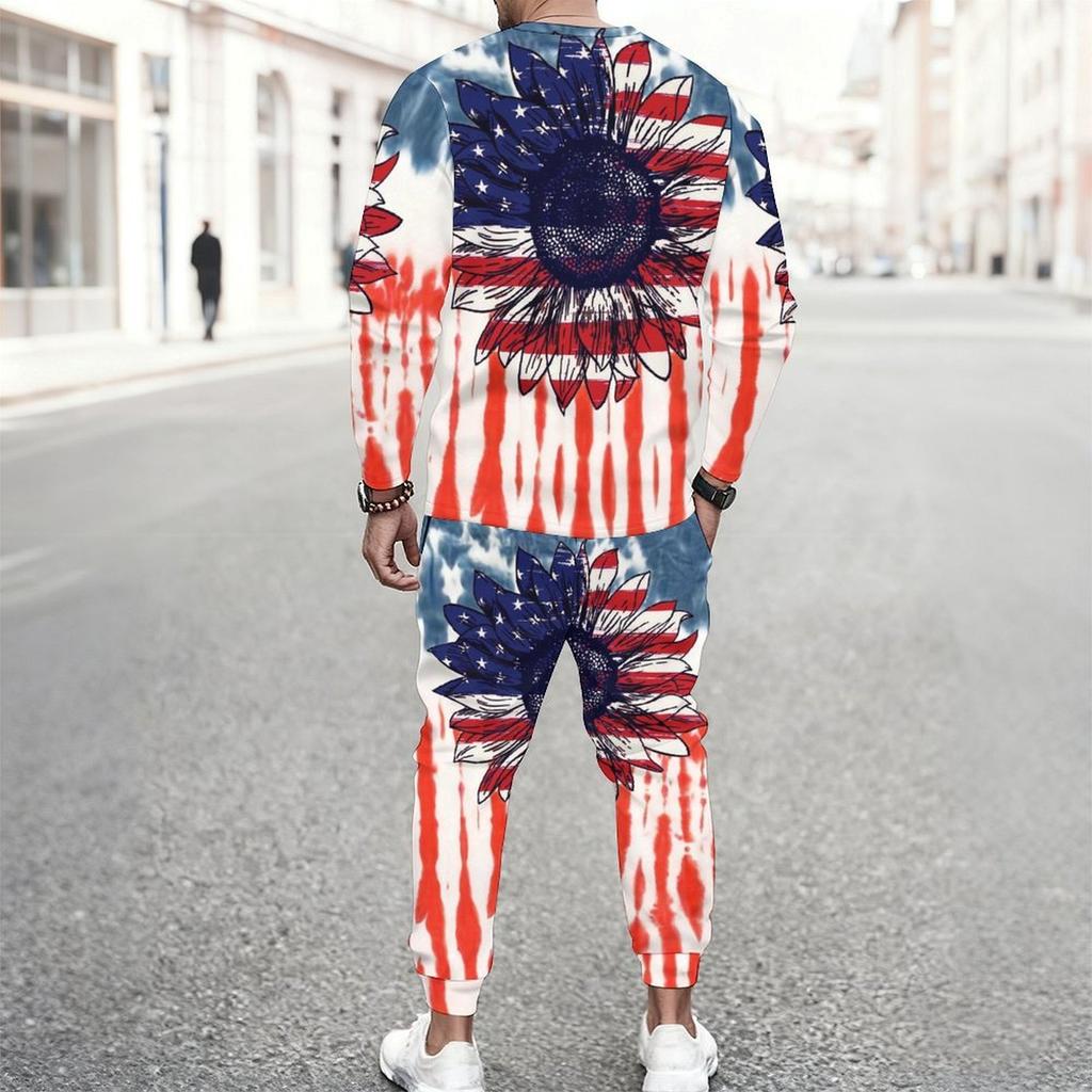 Men Sunflower American Flag Tie Dye Print Long Sleeve Sweatshirt And Drawstring Jogger Pants Two Piece Suit