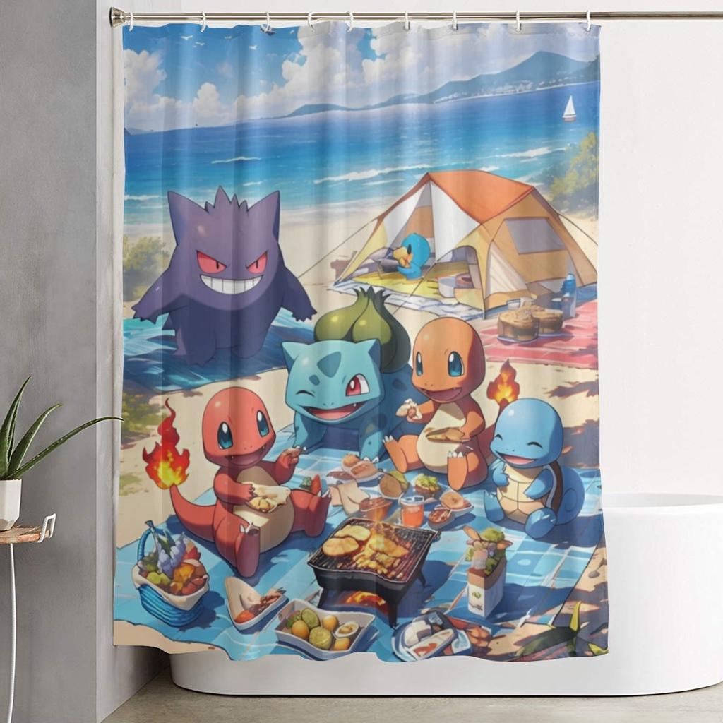 Kreslené postavičky Pokémonů Squirtle Sprchový závěs pro koupelnovou výzdobu Lehké sady sprchových závěsů 60X72 palců s háčky