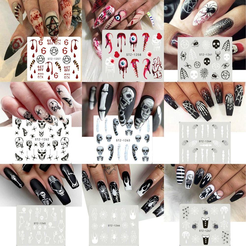 Halloween Skull Nail Art Water Decals Stickers Mummy Ghost Spiders Web DIY Nail Stickers Fake Nail Accessories