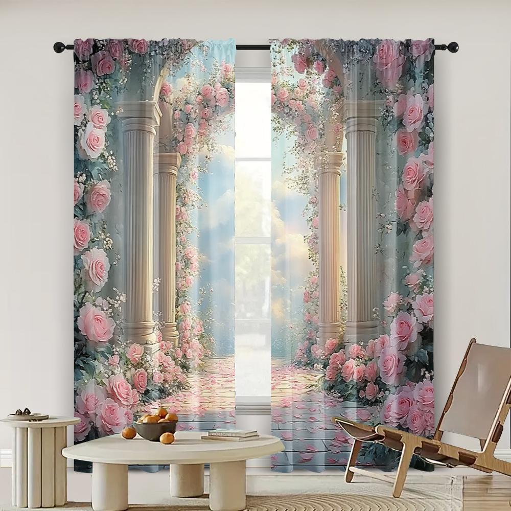 2pc,  Romantic Valentine's Day Party Window Curtains Fresh and colorful rose Versatile Fabric,Without Electricity Spring Party &