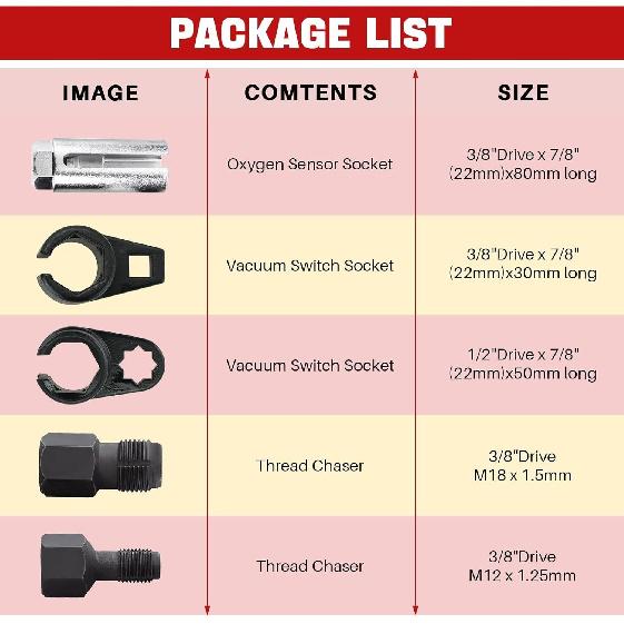 5PCS O2 Oxygen Sensor Socket | O2 Sensor Socket Offset Wrench Remover Tool Red