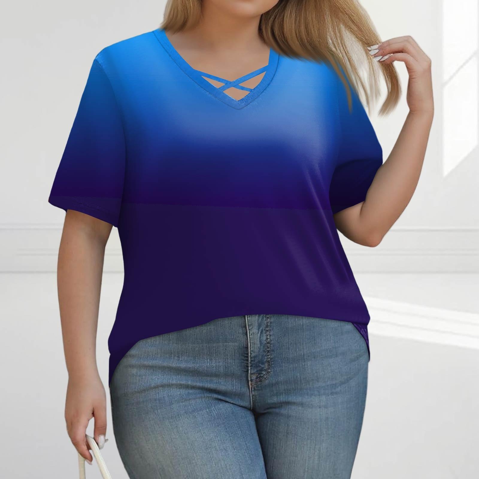 

Жіноча мода повсякденний суцільний колір V-подібним вирізом короткий рукав великий розмір футболка топ L синій