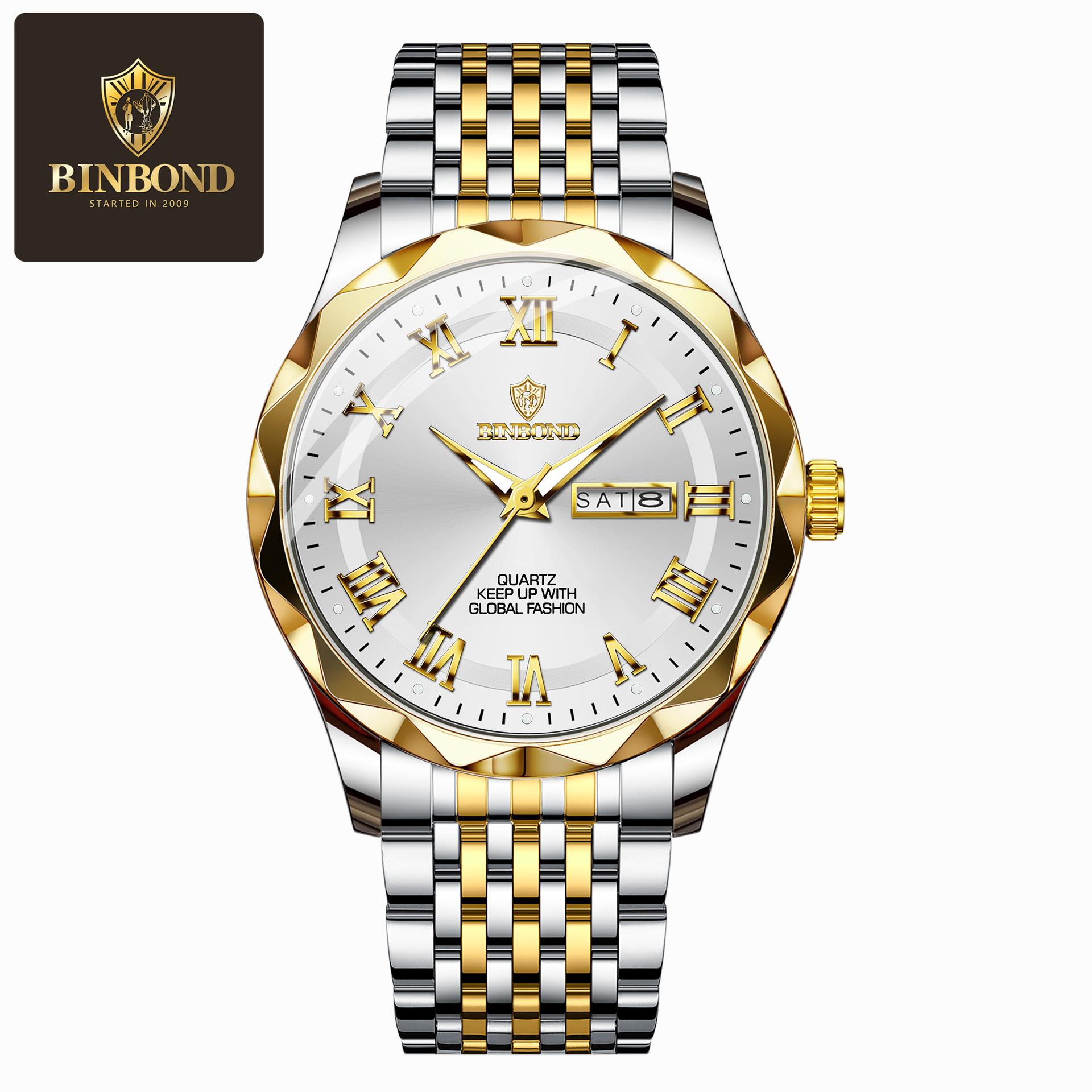 

Мужские кварцевые часы с двойным календарем и циферблатом, водонепроницаемые, светящиеся, деловые часы белый/золотистый