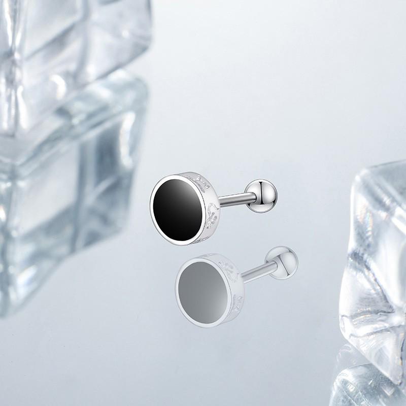Men's Silver-Plated Round Stud Earrings: High-End, Fashionable, Minimalist Design with Six-Character Mantra - Black.