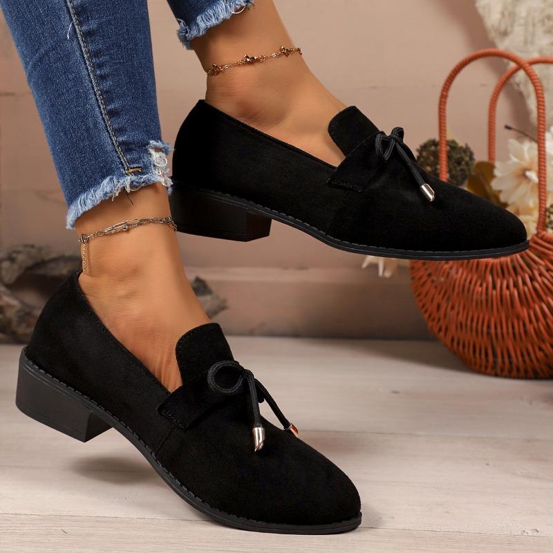 Women's Loafers Pointed Toe Square Heel Butterfly-knot One Kick Shoes All-match Retro Plus-size Spring and Autumn Single Shoes