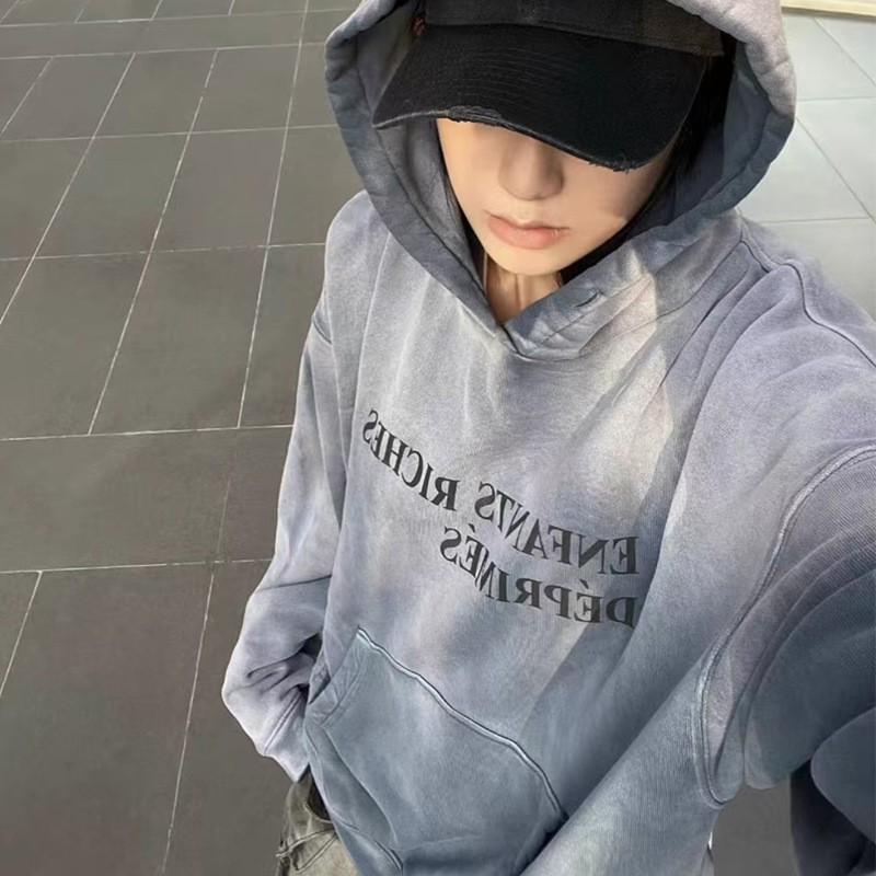 Mens Gradient Blue Letter Print Hoodie Loose Fit High Street Style Sweatshirt